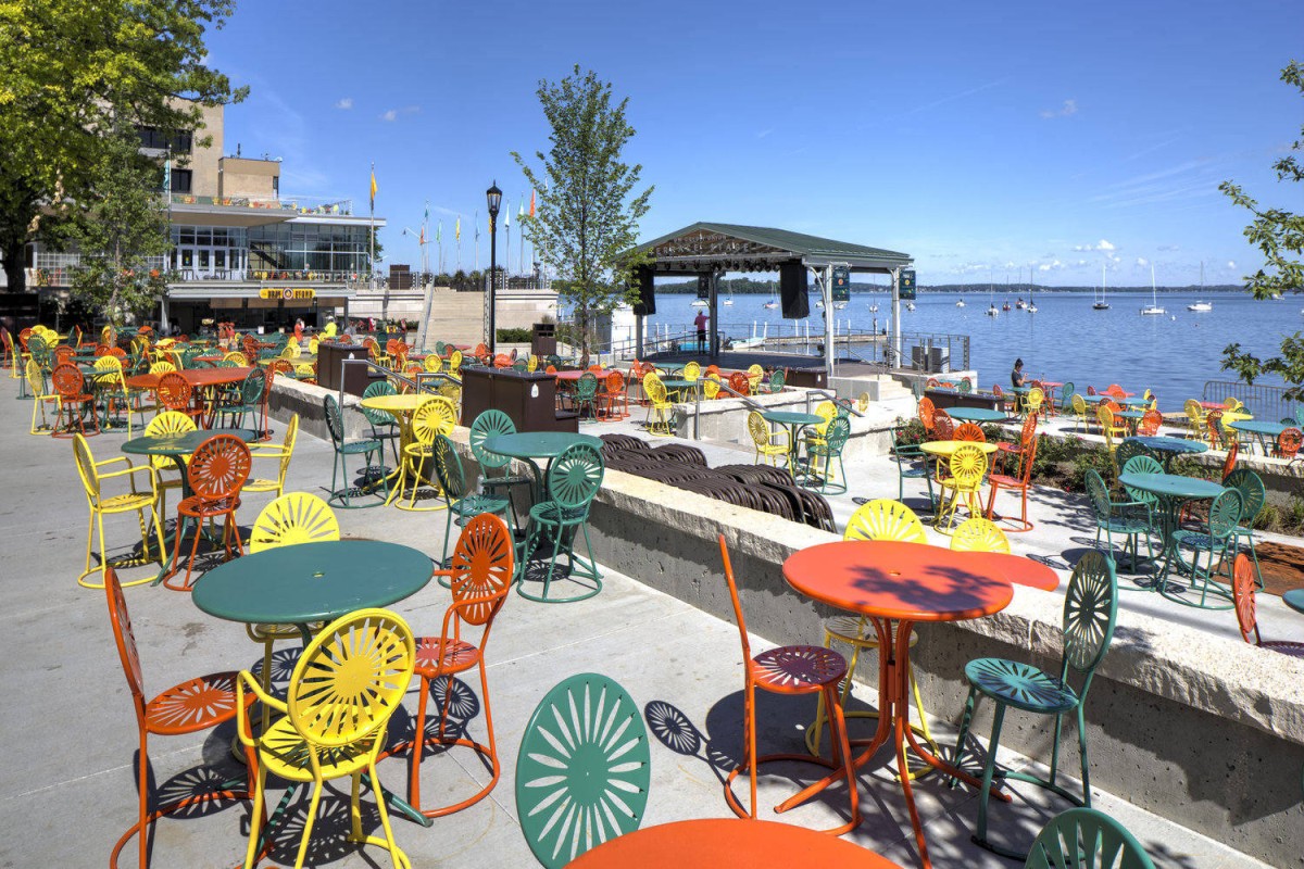 A view of the colorful tables at the Terrace, looking out towards the lake.