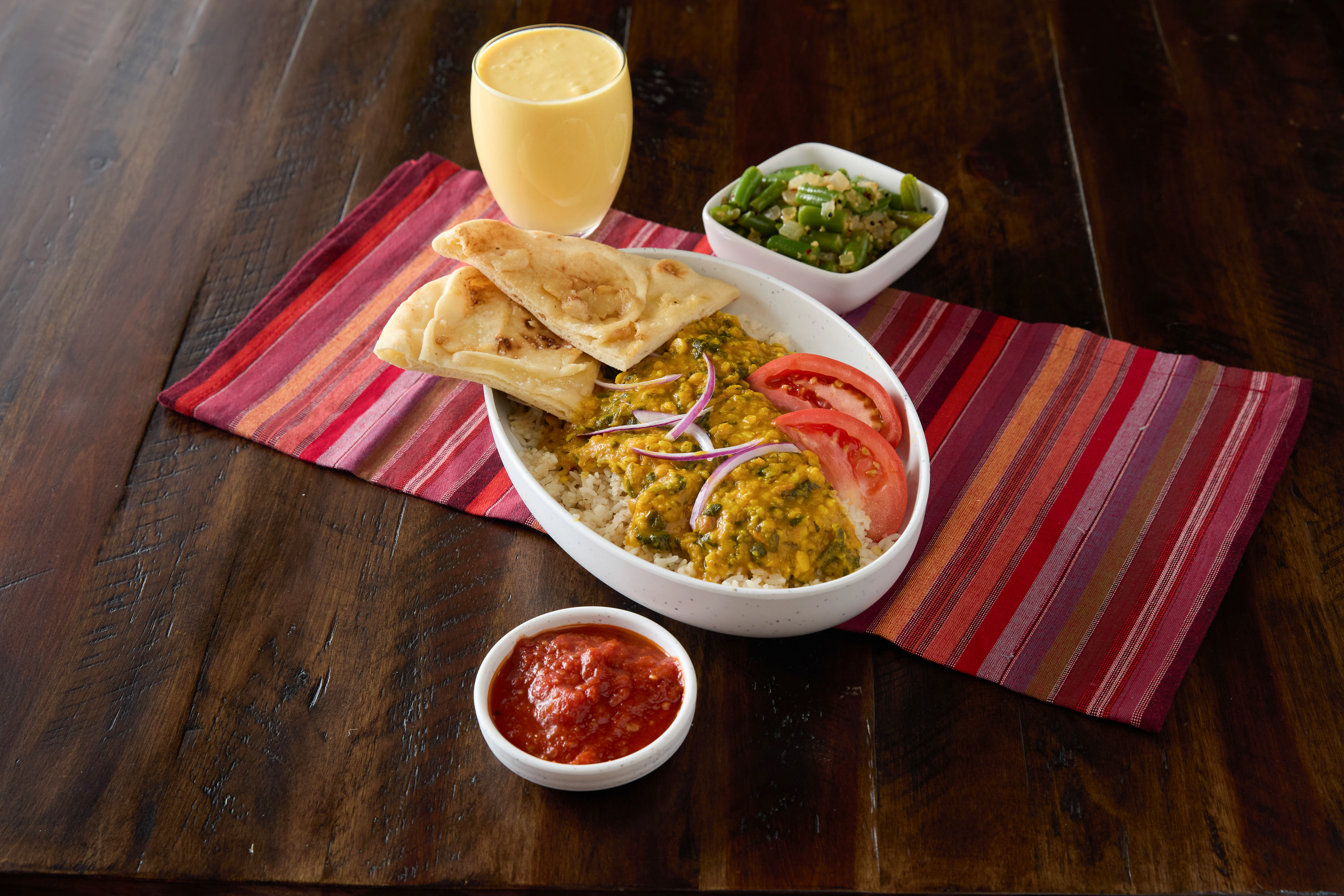 Bombay Lentils and Spinach with Naan, Beans and Lassi