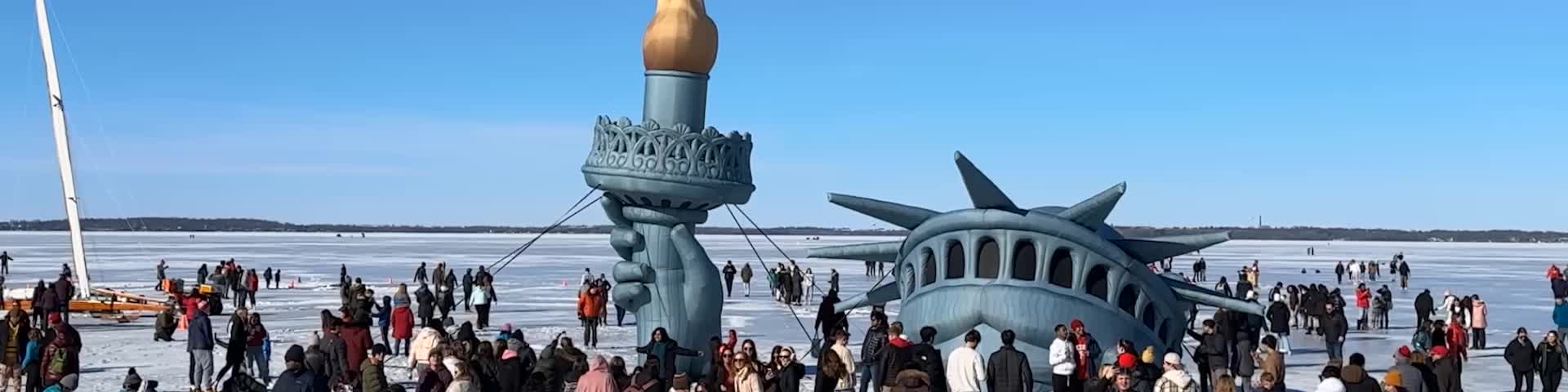 Winter Carnival: Lady Liberty on the frozen Lake Mendota