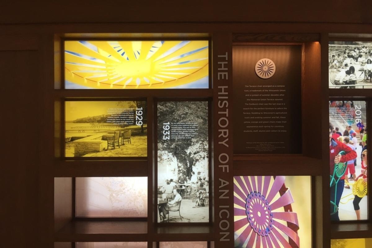 Terrace chair history exhibit in the Memorial Union