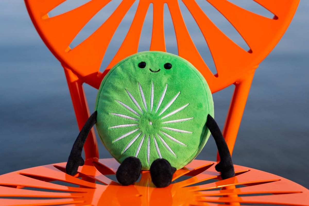 Maple Fields charling plushie sits atop a Wisconsin Union chair.