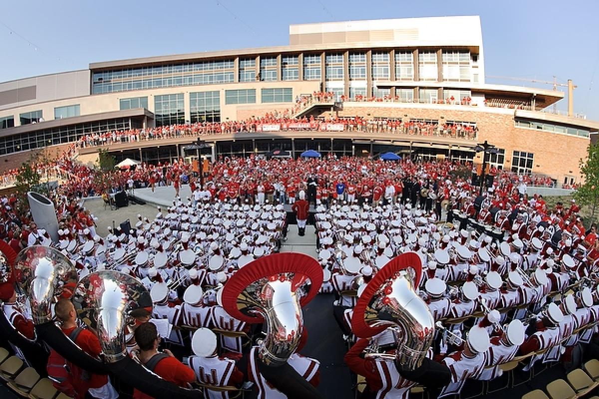 Marching band performing at Badger Bash at Union South