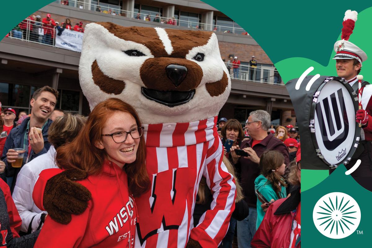 Bucky with a Badger fan posing for a picture. Wisconsin Band Member playing over Union Green Backgroud.