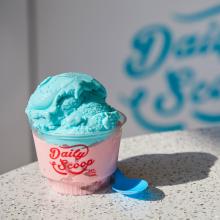Two scoops of blue Daily Scoop icecream