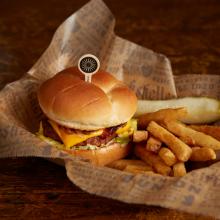 Rathskeller Burger with Fries and a Pickle
